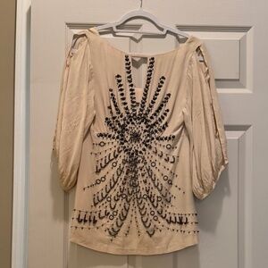 Nanette Lepore 100% Silk Beaded Boho Blouse Beige